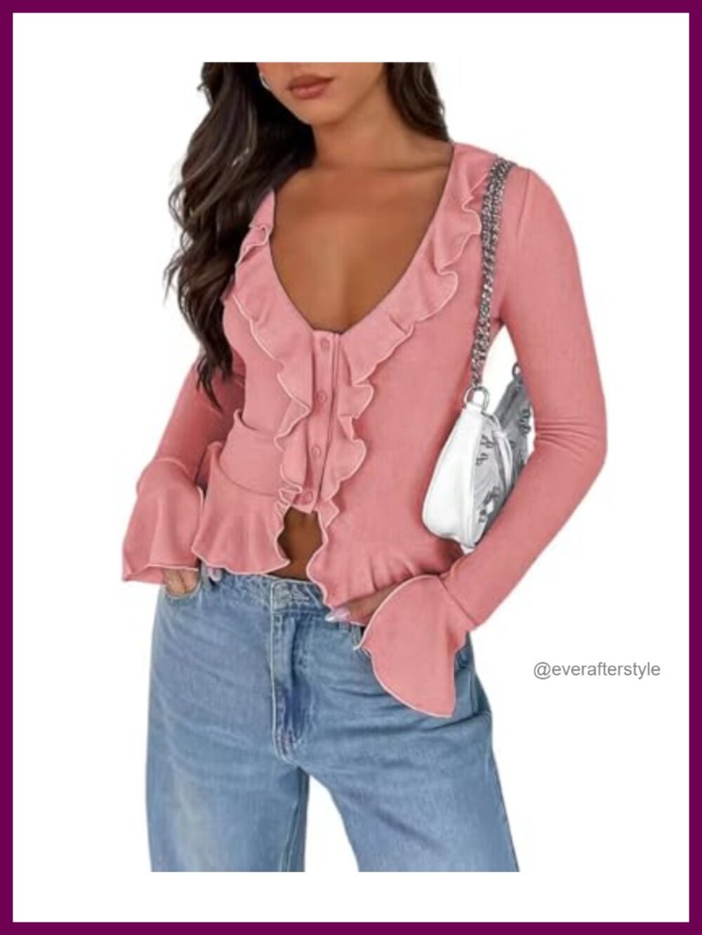 Women's V-Neck Bell Sleeve Ruffle Crop Button Down Blouse